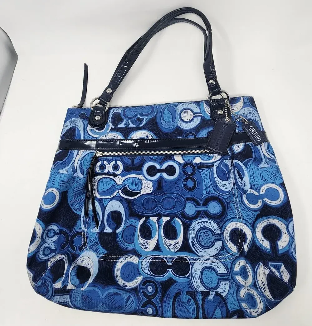 COACH POPPY GLAM LARGE TOTE BAG PURSE 19881 DENIM BLUE *Read
